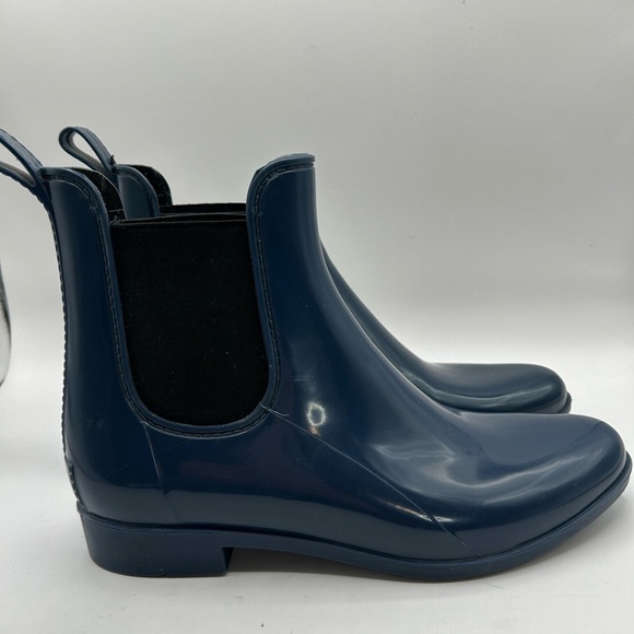 J Crew Rain Boots Chelsea Navy Blue Solid Pull On Rubber Ankle Heeled Waterproof - Picture 3 of 6